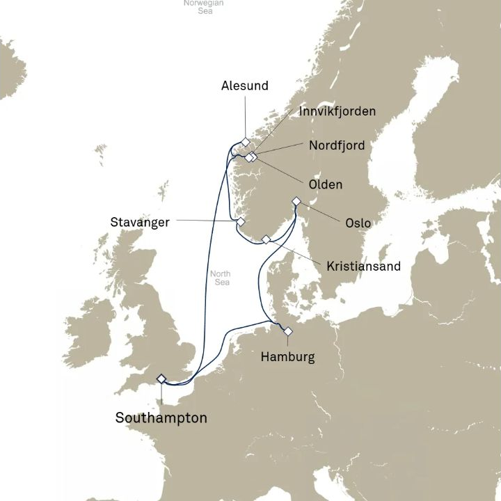 Queen Victoria Voyage V709B itinerary map from Southampton, England, UK to Southampton, England, UK