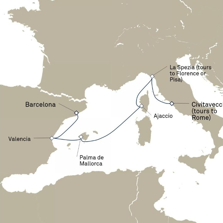 Queen Victoria Voyage V717C itinerary map from Civitavecchia (tours to Rome), Italy to Barcelona, Spain