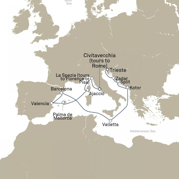 Queen Victoria Voyage V717D itinerary map from Civitavecchia (tours to Rome), Italy to Trieste, Italy