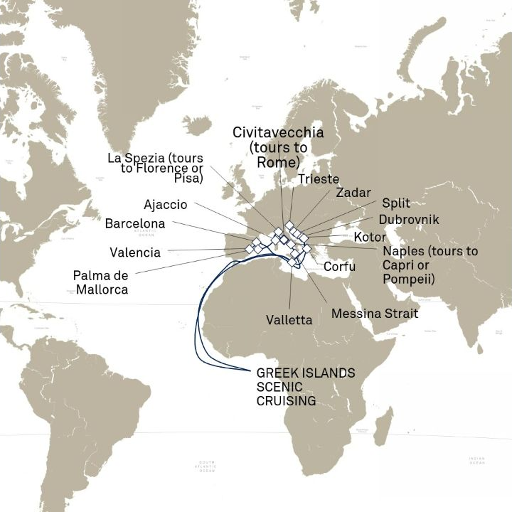 Queen Victoria Voyage V717E itinerary map from Civitavecchia (tours to Rome), Italy to Civitavecchia (tours to Rome), Italy