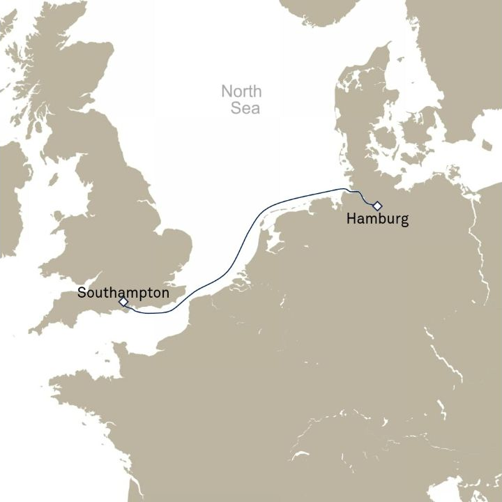Queen Victoria Voyage V717H itinerary map from Hamburg, Germany to Southampton, England, UK