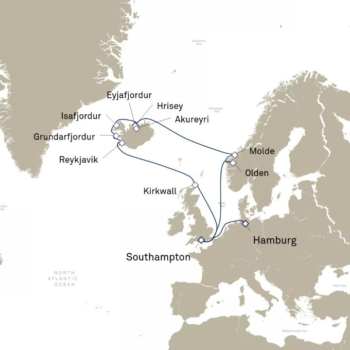 Queen Victoria Voyage V717I itinerary map from Hamburg, Germany to Southampton, England, UK