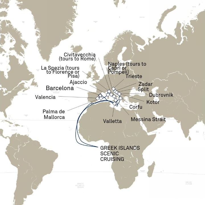 Queen Victoria Voyage V718B itinerary map from Barcelona, Spain to Barcelona, Spain
