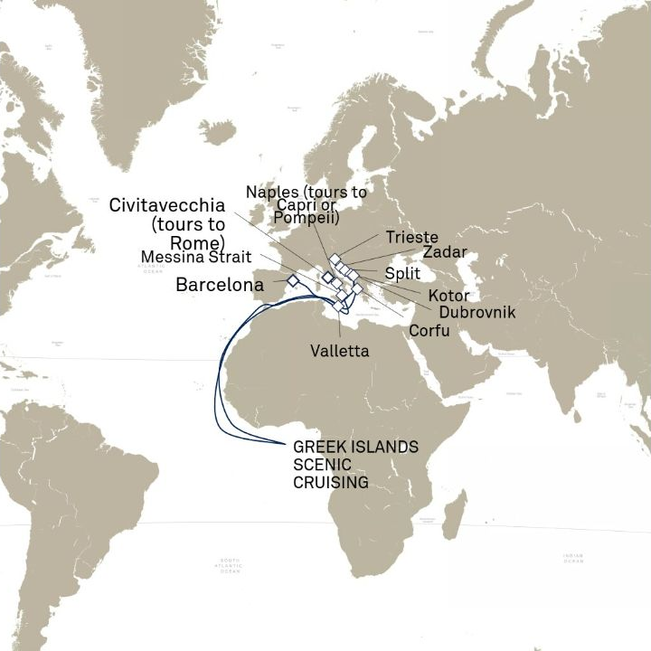 Queen Victoria Voyage V718 itinerary map from Barcelona, Spain to Civitavecchia (tours to Rome), Italy