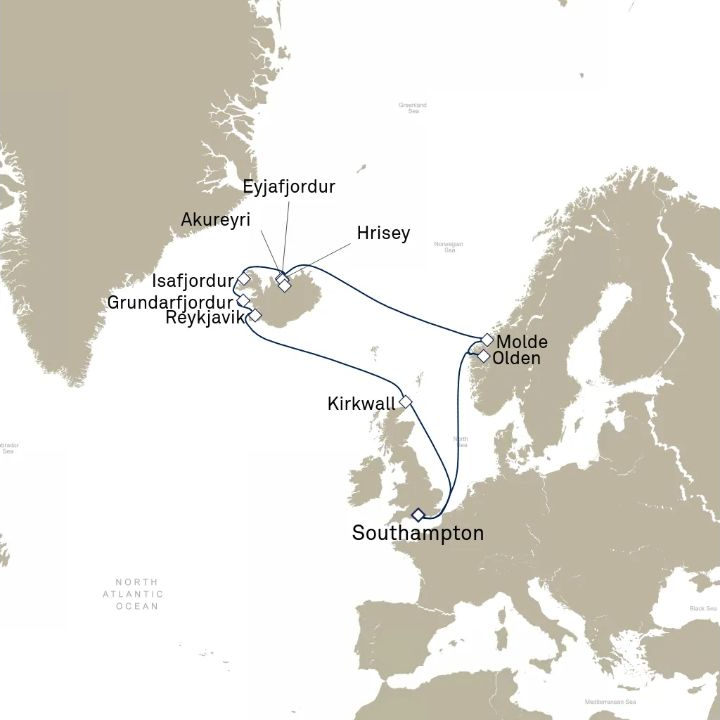 Queen Victoria Voyage V718N itinerary map from Southampton, England, UK to Southampton, England, UK