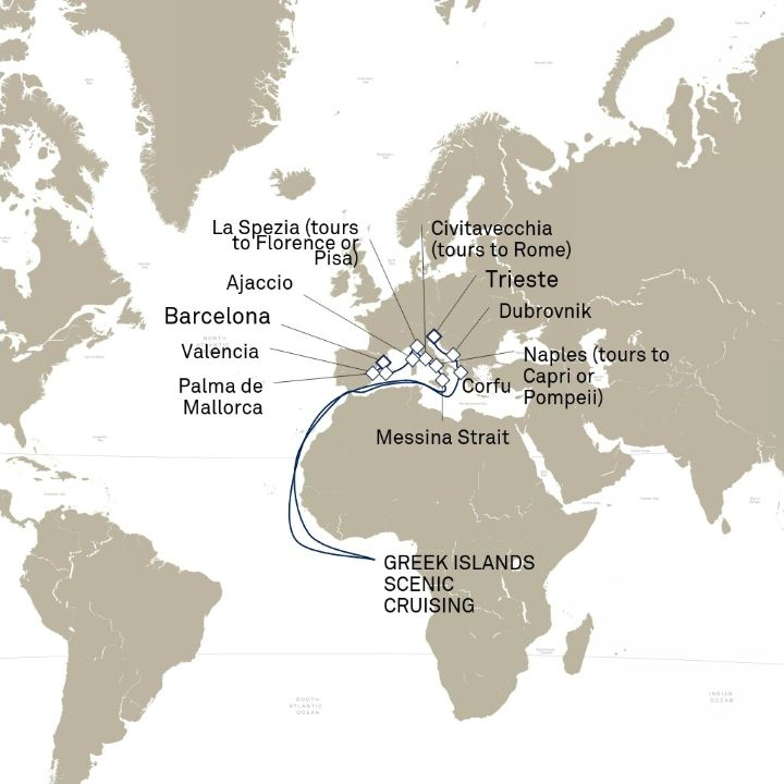 Queen Victoria Voyage V718D itinerary map from Trieste, Italy to Barcelona, Spain