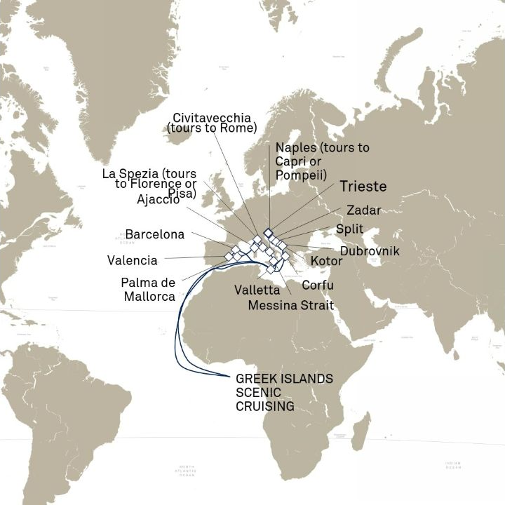 Queen Victoria Voyage V718E itinerary map from Trieste, Italy to Trieste, Italy