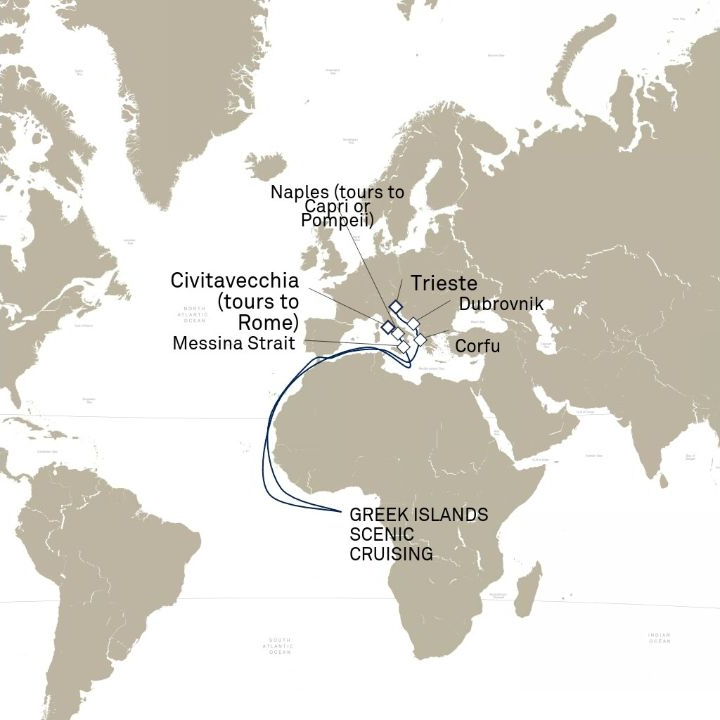 Queen Victoria Voyage V718C itinerary map from Trieste, Italy to Civitavecchia (tours to Rome), Italy