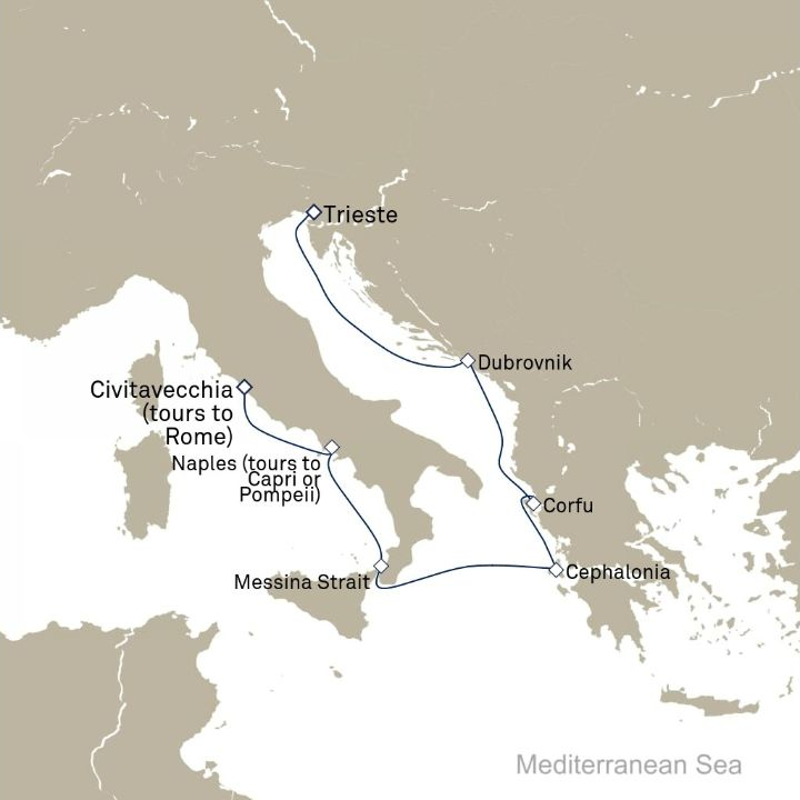 Queen Victoria Voyage V717A itinerary map from Trieste, Italy to Civitavecchia (tours to Rome), Italy