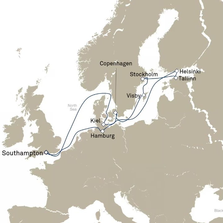 Queen Victoria Voyage V717N itinerary map from Southampton, England, UK to Southampton, England, UK