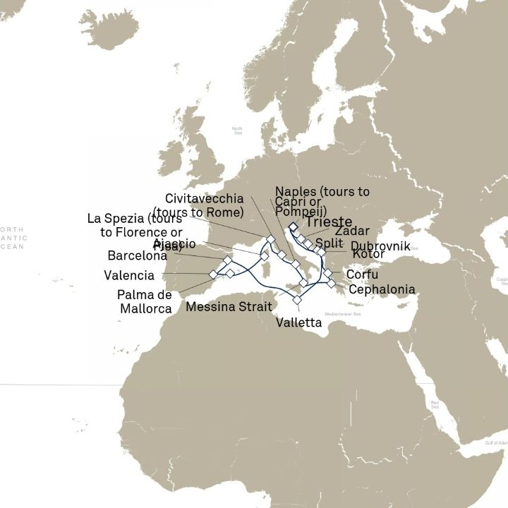 Queen Victoria Voyage V717B itinerary map from Trieste, Italy to Trieste, Italy
