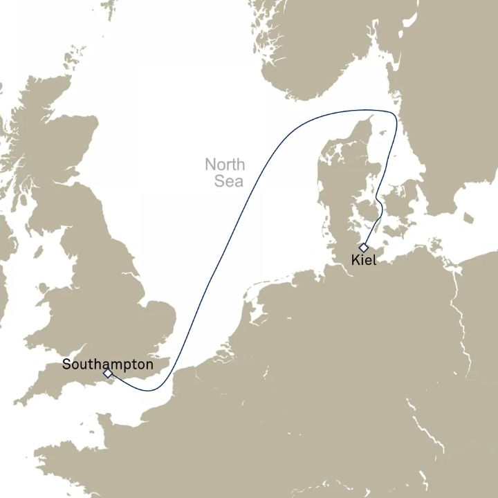 Queen Victoria Voyage V717F itinerary map from Southampton, England, UK to Kiel, Germany