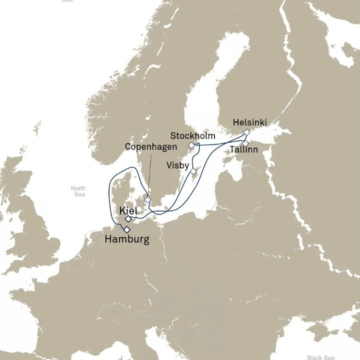 Queen Victoria Voyage V717G itinerary map from Kiel, Germany to Hamburg, Germany