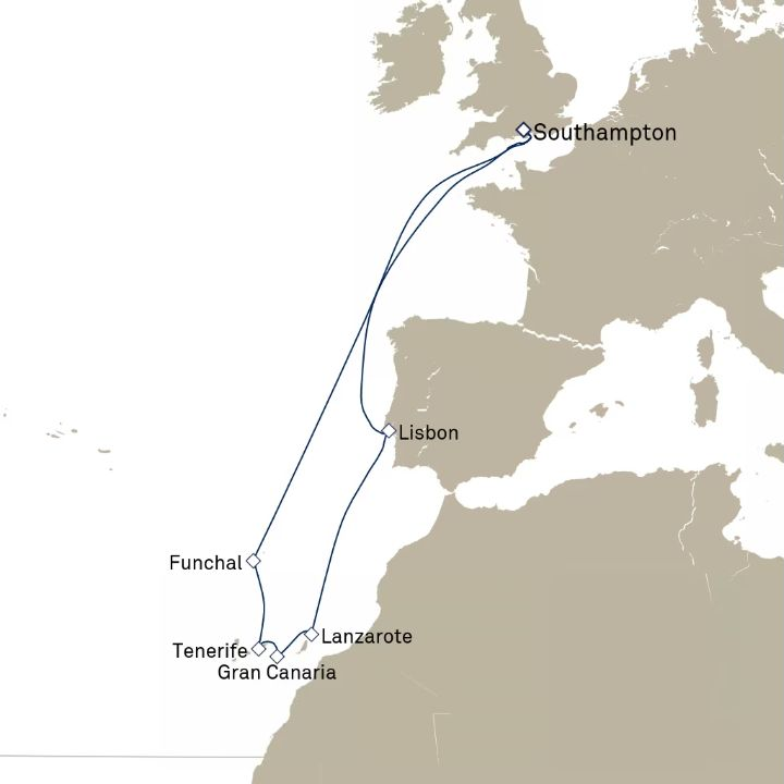 Queen Victoria Voyage V727 itinerary map from Southampton, England, UK to Southampton, England, UK