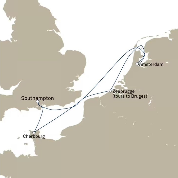 Queen Victoria Voyage V801 itinerary map from Southampton, England, UK to Southampton, England, UK