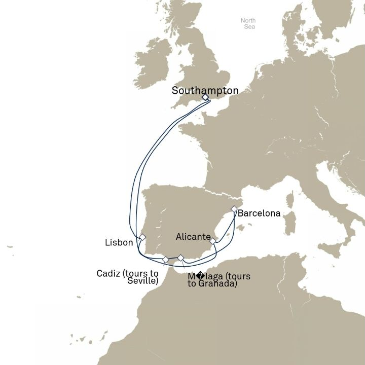 Queen Victoria Voyage V726 itinerary map from Southampton, England, UK to Southampton, England, UK
