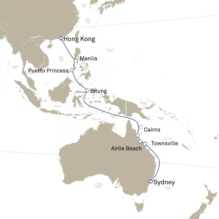 Queen Victoria Voyage V706 itinerary map from Sydney, NSW, Australia to Hong Kong, China