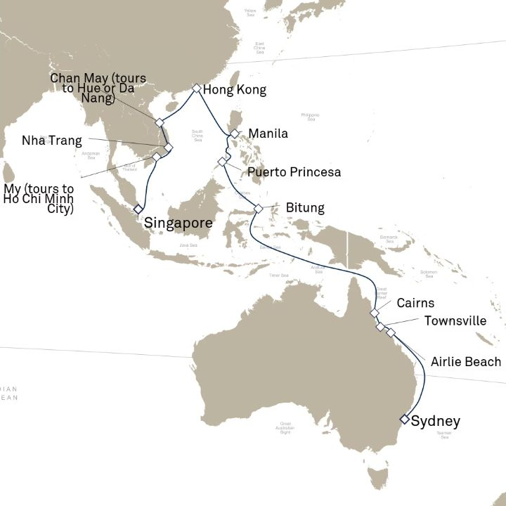 Queen Victoria Voyage V706E itinerary map from Sydney, NSW, Australia to Singapore
