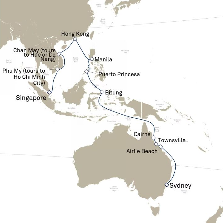 Queen Victoria Voyage V706A itinerary map from Sydney, NSW, Australia to Singapore