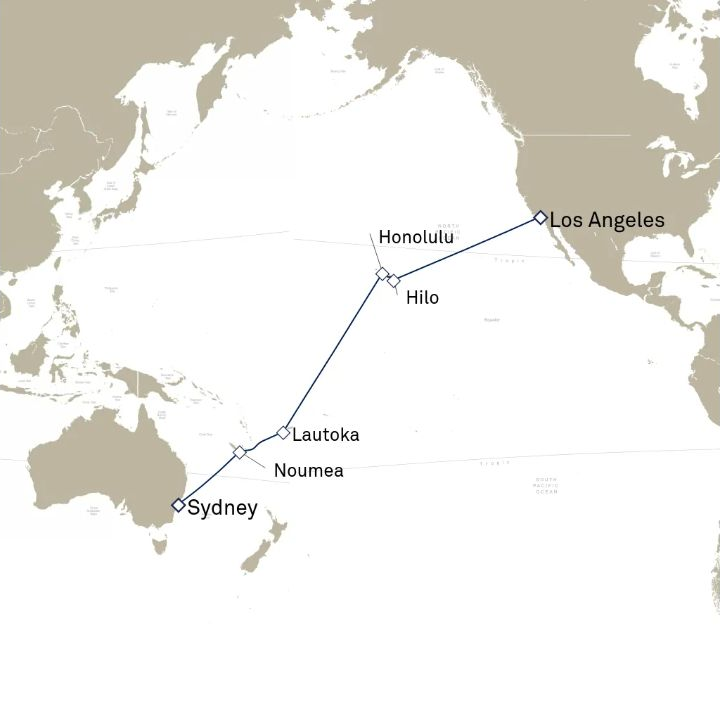 Queen Victoria Voyage V705 itinerary map from Los Angeles, CA, USA to Sydney, NSW, Australia