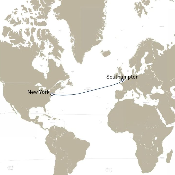 Queen Victoria Voyage V703 itinerary map from Southampton, England, UK to New York, NY, USA
