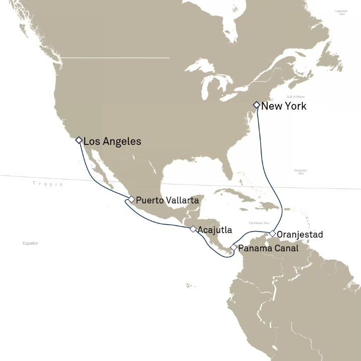 Queen Victoria Voyage V704 itinerary map from New York, NY, USA to Los Angeles, CA, USA