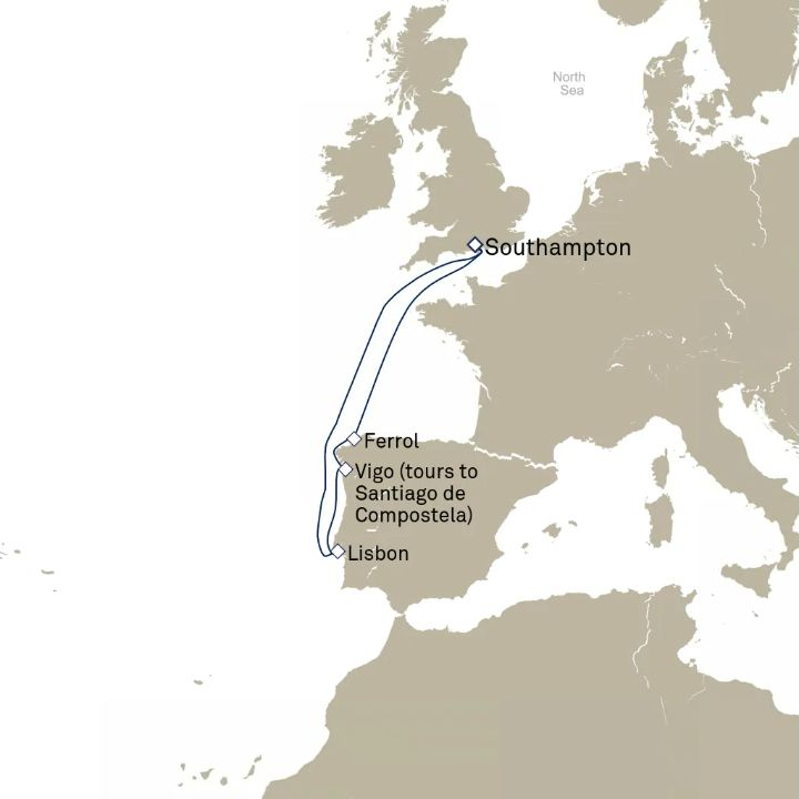 Queen Victoria Voyage V702 itinerary map from Southampton, England, UK to Southampton, England, UK