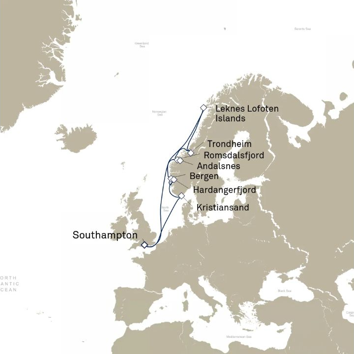 Queen Victoria Voyage V715N itinerary map from Southampton, England, UK to Southampton, England, UK