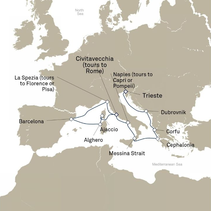 Queen Victoria Voyage V715D itinerary map from Trieste, Italy to Civitavecchia (tours to Rome), Italy