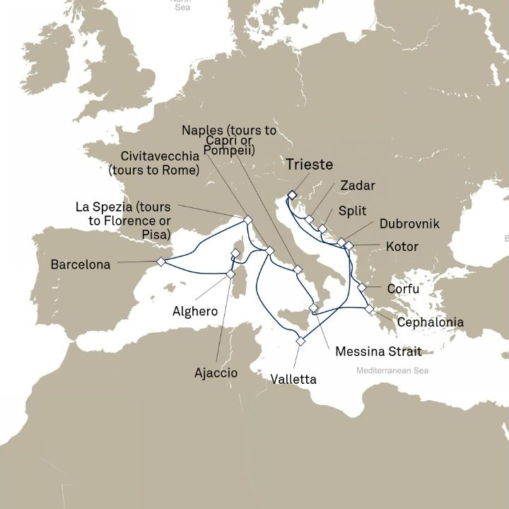 Queen Victoria Voyage V715E itinerary map from Trieste, Italy to Trieste, Italy