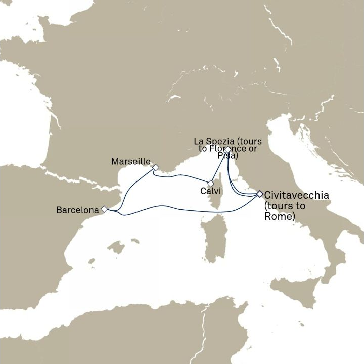 Queen Victoria Voyage V714C itinerary map from Civitavecchia (tours to Rome), Italy to Civitavecchia (tours to Rome), Italy