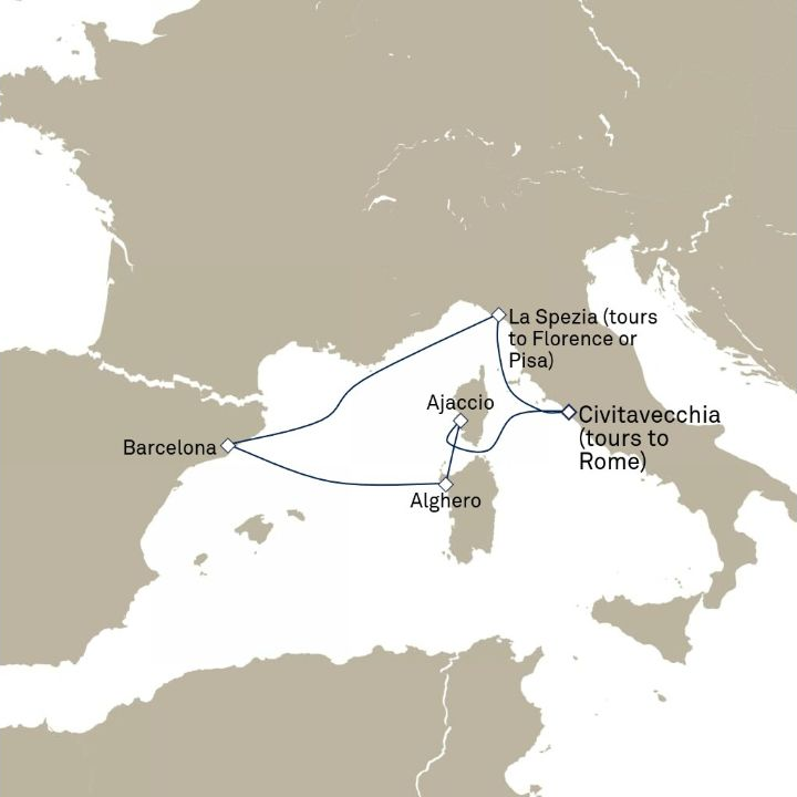 Queen Victoria Voyage V716A itinerary map from Civitavecchia (tours to Rome), Italy to Civitavecchia (tours to Rome), Italy