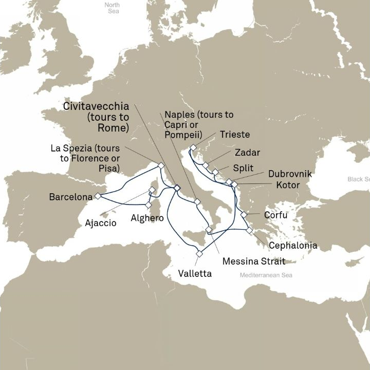 Queen Victoria Voyage V716B itinerary map from Civitavecchia (tours to Rome), Italy to Civitavecchia (tours to Rome), Italy