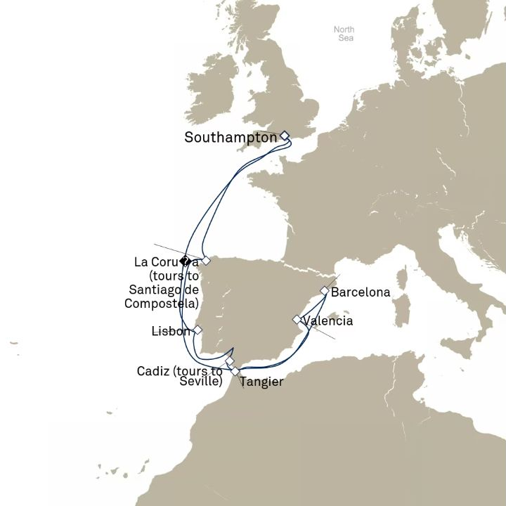 Queen Victoria Voyage V716N itinerary map from Southampton, England, UK to Southampton, England, UK
