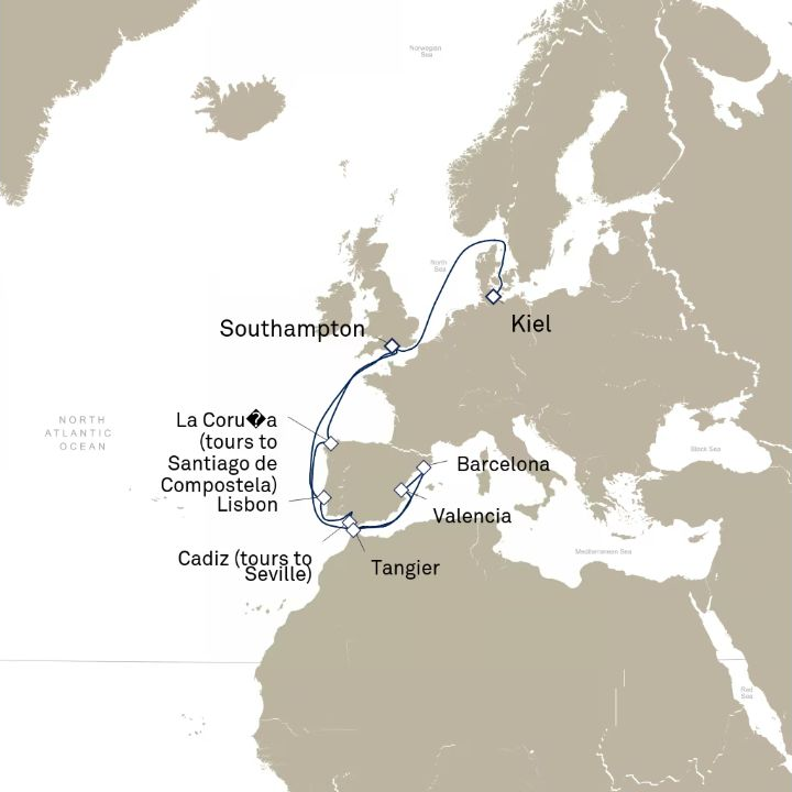 Queen Victoria Voyage V716F itinerary map from Southampton, England, UK to Kiel, Germany