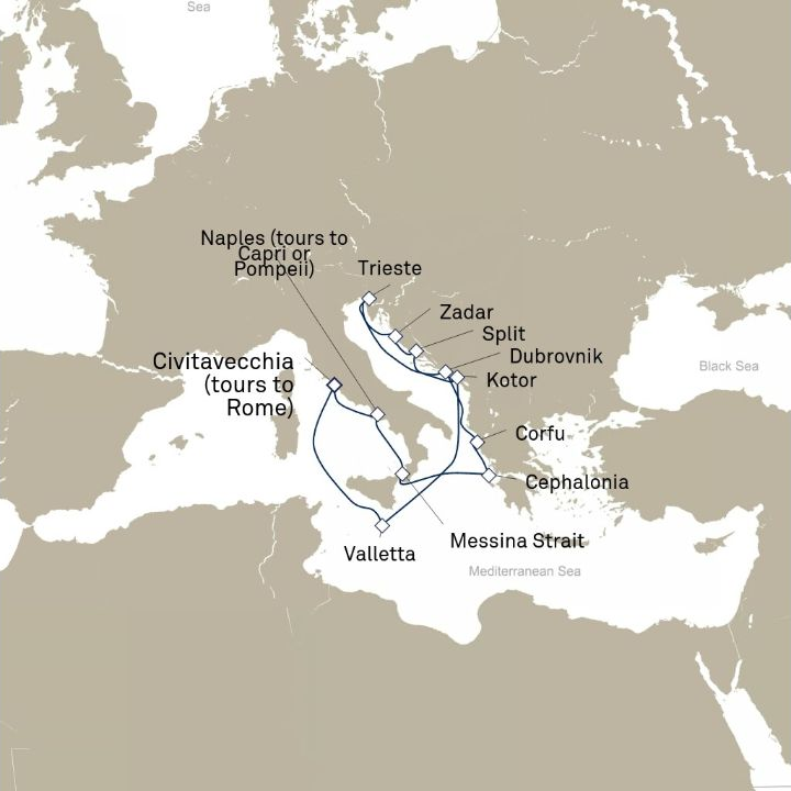 Queen Victoria Voyage V716D itinerary map from Civitavecchia (tours to Rome), Italy to Civitavecchia (tours to Rome), Italy