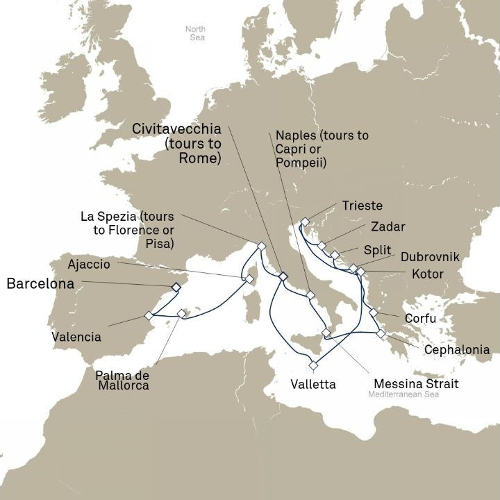 Queen Victoria Voyage V716E itinerary map from Civitavecchia (tours to Rome), Italy to Barcelona, Spain