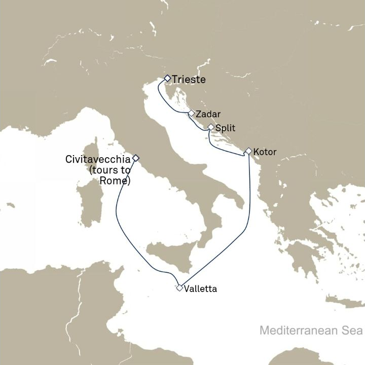 Queen Victoria Voyage V716C itinerary map from Civitavecchia (tours to Rome), Italy to Trieste, Italy