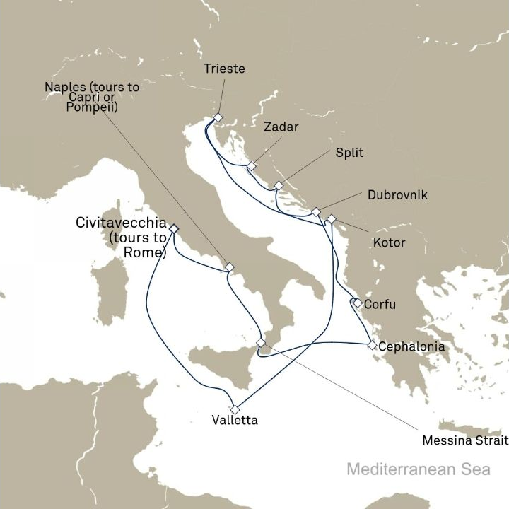 Queen Victoria Voyage V715 itinerary map from Civitavecchia (tours to Rome), Italy to Civitavecchia (tours to Rome), Italy