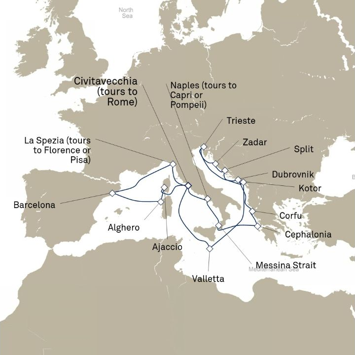 Queen Victoria Voyage V715B itinerary map from Civitavecchia (tours to Rome), Italy to Civitavecchia (tours to Rome), Italy
