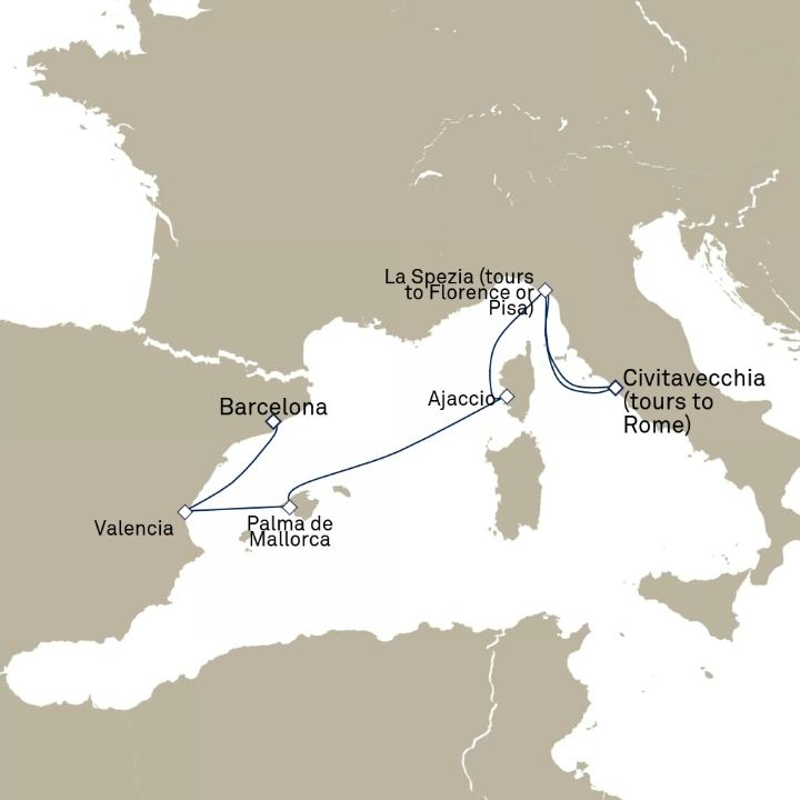 Queen Victoria Voyage V713A itinerary map from Barcelona, Spain to Civitavecchia (tours to Rome), Italy