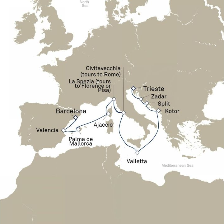 Queen Victoria Voyage V713 itinerary map from Barcelona, Spain to Trieste, Italy