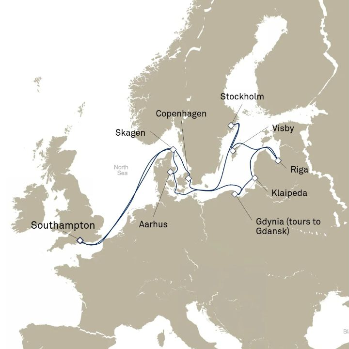 Queen Victoria Voyage V713N itinerary map from Southampton, England, UK to Southampton, England, UK