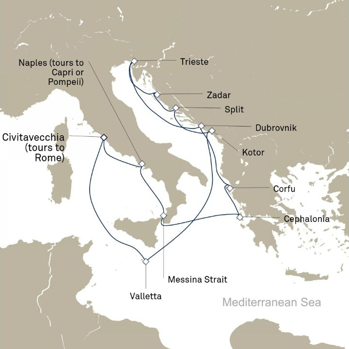 Queen Victoria Voyage V713D itinerary map from Civitavecchia (tours to Rome), Italy to Civitavecchia (tours to Rome), Italy