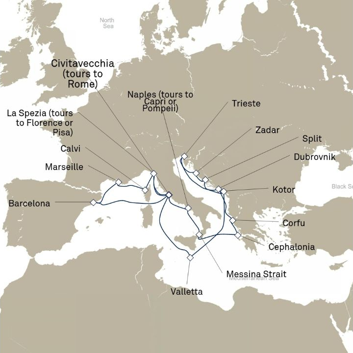 Queen Victoria Voyage V713E itinerary map from Civitavecchia (tours to Rome), Italy to Civitavecchia (tours to Rome), Italy