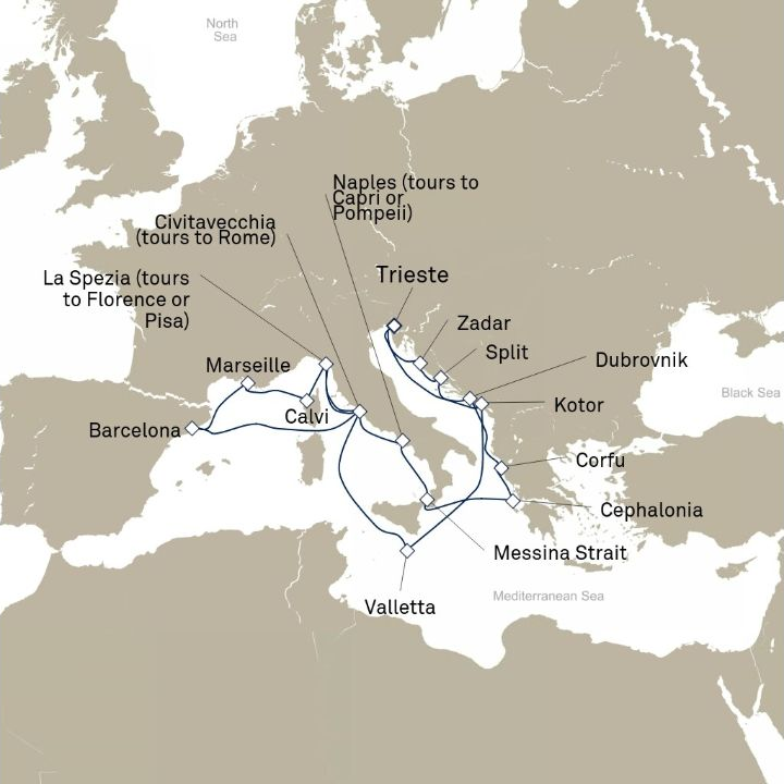 Queen Victoria Voyage V714B itinerary map from Trieste, Italy to Trieste, Italy