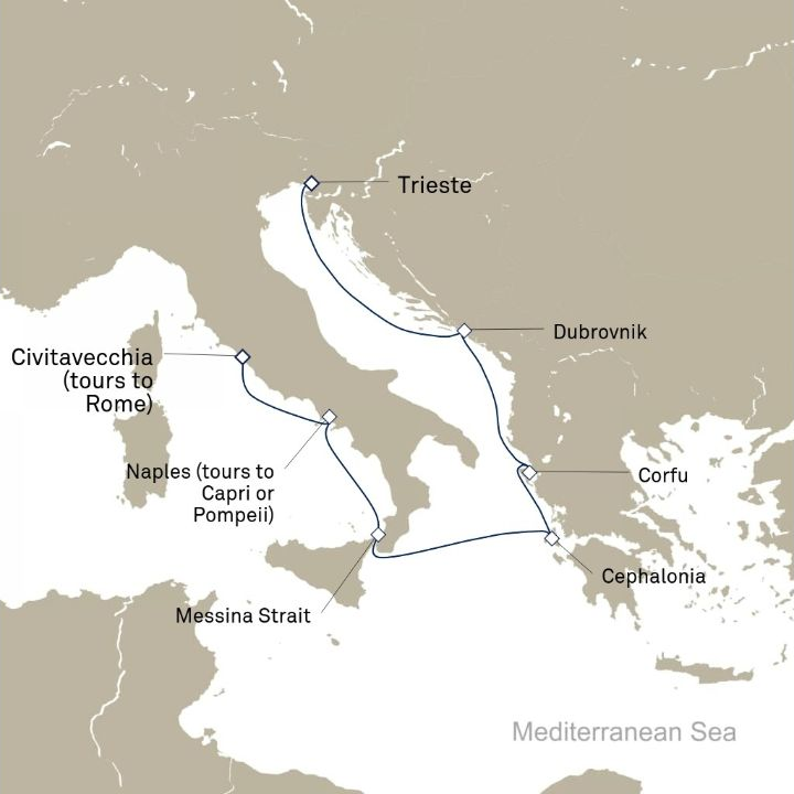 Queen Victoria Voyage V714A itinerary map from Trieste, Italy to Civitavecchia (tours to Rome), Italy