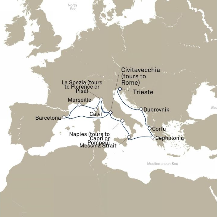 Queen Victoria Voyage V714 itinerary map from Trieste, Italy to Civitavecchia (tours to Rome), Italy