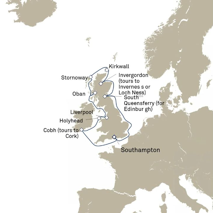 Queen Victoria Voyage V714N itinerary map from Southampton, England, UK to Southampton, England, UK