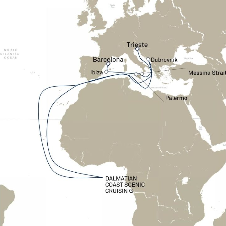 Queen Victoria Voyage V712C itinerary map from Trieste, Italy to Barcelona, Spain